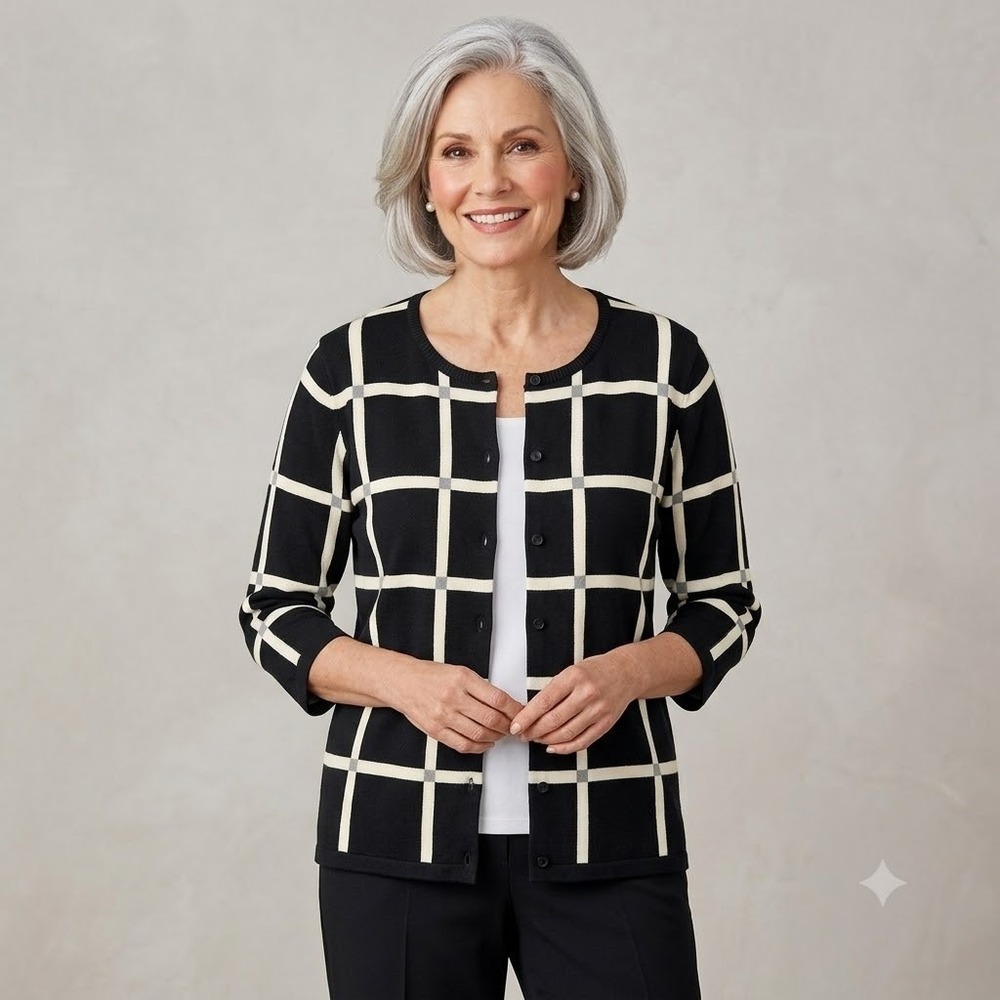 Coldwater Creek Cardigan Black White Windowpane Grid 3/4 Sleeve Button Front LP